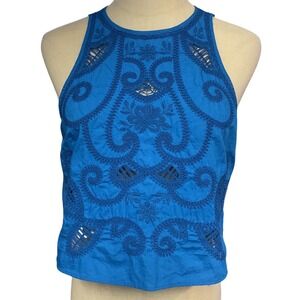 MNG Collection Women's Embroidered Sleeveless Cotton Cropped Top Blue Size Small